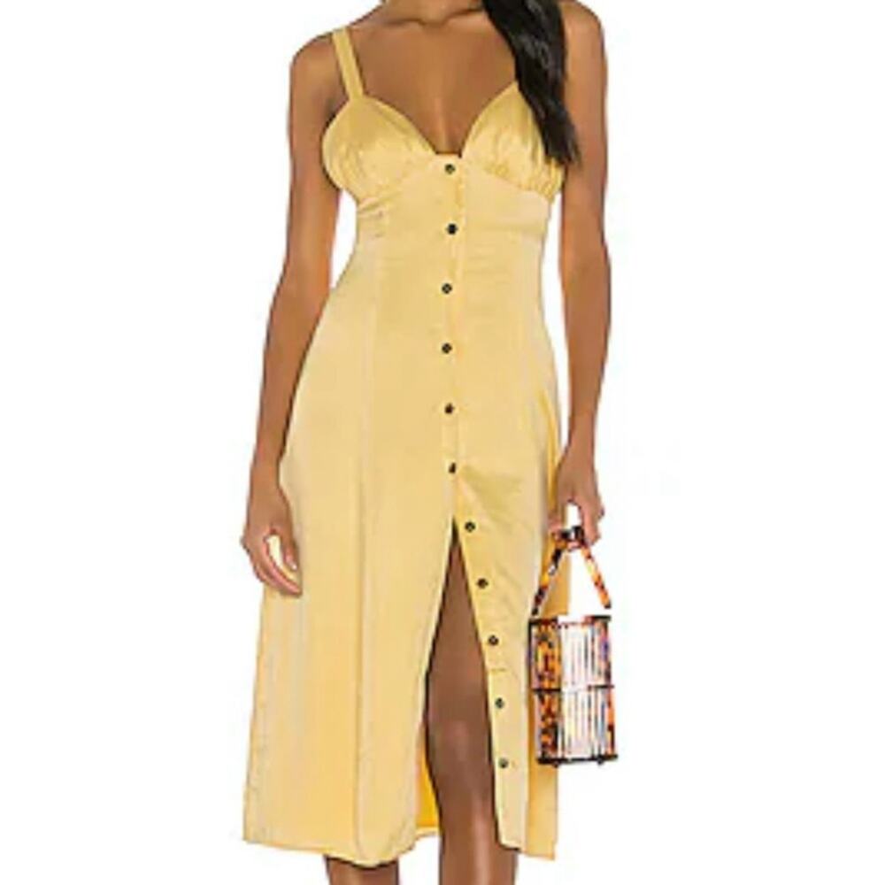 Song of Style Revolve Payton Midi Dress XL Butter Yellow Satin Slip Button-Front